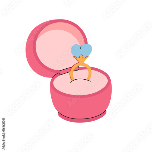 Engagement ring with diamond in pink box. Marry me concept. Wedding celebration clipart. Romantic marriage proposal. Vector flat illustration.