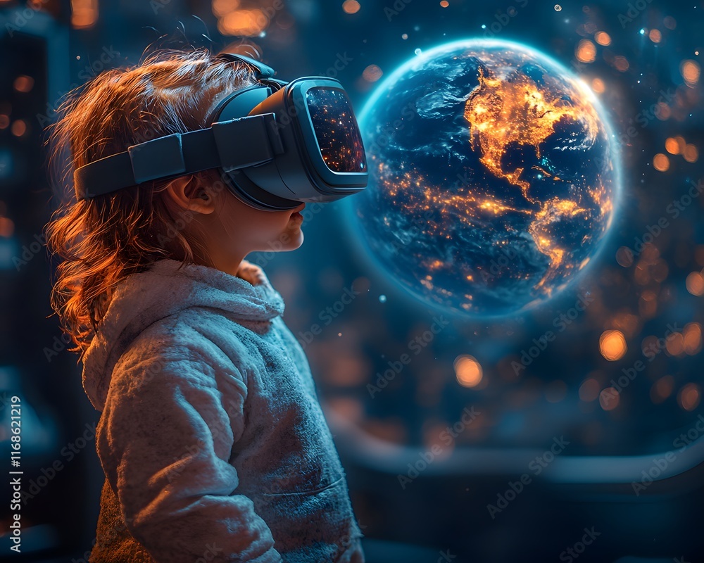 A child in a VR headset floats in a zero-gravity virtual space station, gazing through a digital window. The scene feels futuristic, ideal for promoting VR technology or space-themed learning tools. A child in a VR headset floats in a zero-gravity virtual space station, gazing through a digital window. The scene feels futuristic, ideal for promoting VR technology or space-themed learning tools.