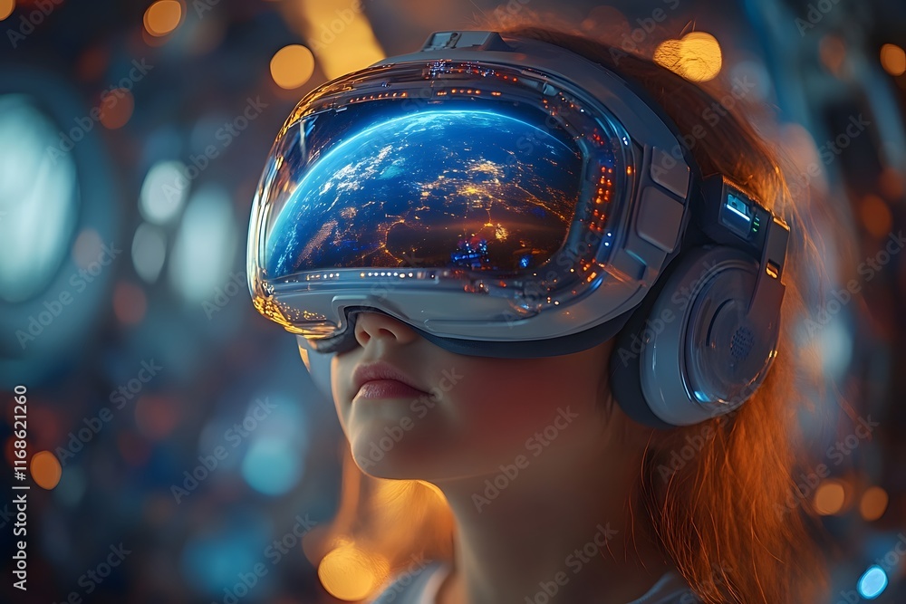 A child in a VR headset floats in a zero-gravity virtual space station, gazing through a digital window. The scene feels futuristic, ideal for promoting VR technology or space-themed learning tools. A child in a VR headset floats in a zero-gravity virtual space station, gazing through a digital window. The scene feels futuristic, ideal for promoting VR technology or space-themed learning tools.