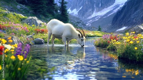 Fototapeta Naklejka Na Ścianę i Meble -  A mountain goat drinking from a crystal-clear alpine stream surrounded by wildflowers.