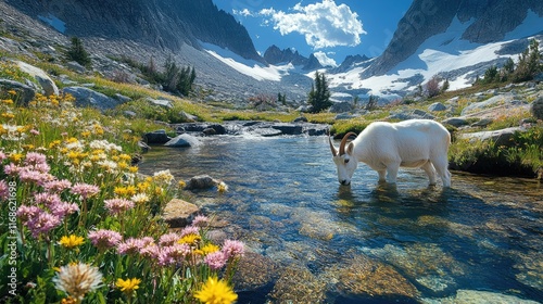 Fototapeta Naklejka Na Ścianę i Meble -  A mountain goat drinking from a crystal-clear alpine stream surrounded by wildflowers.