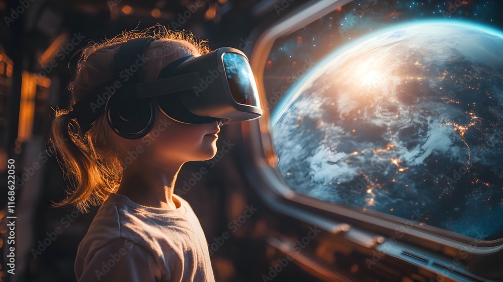 A child in a VR headset floats in a zero-gravity virtual space station, gazing through a digital window. The scene feels futuristic, ideal for promoting VR technology or space-themed learning tools. A child in a VR headset floats in a zero-gravity virtual space station, gazing through a digital window. The scene feels futuristic, ideal for promoting VR technology or space-themed learning tools.