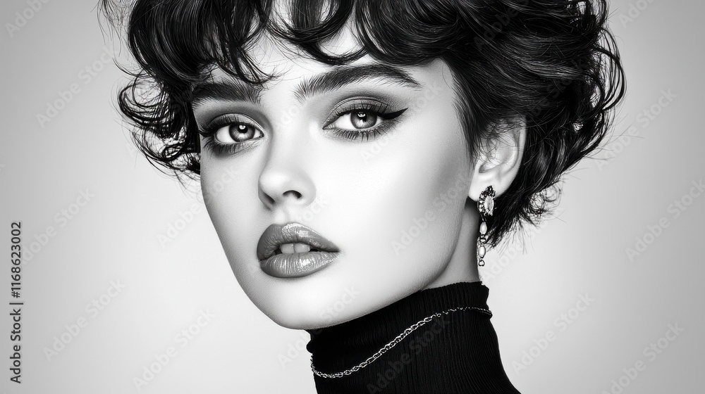 Fototapeta premium Elegant Woman with Short Curly Hair in Monochrome Portrait
