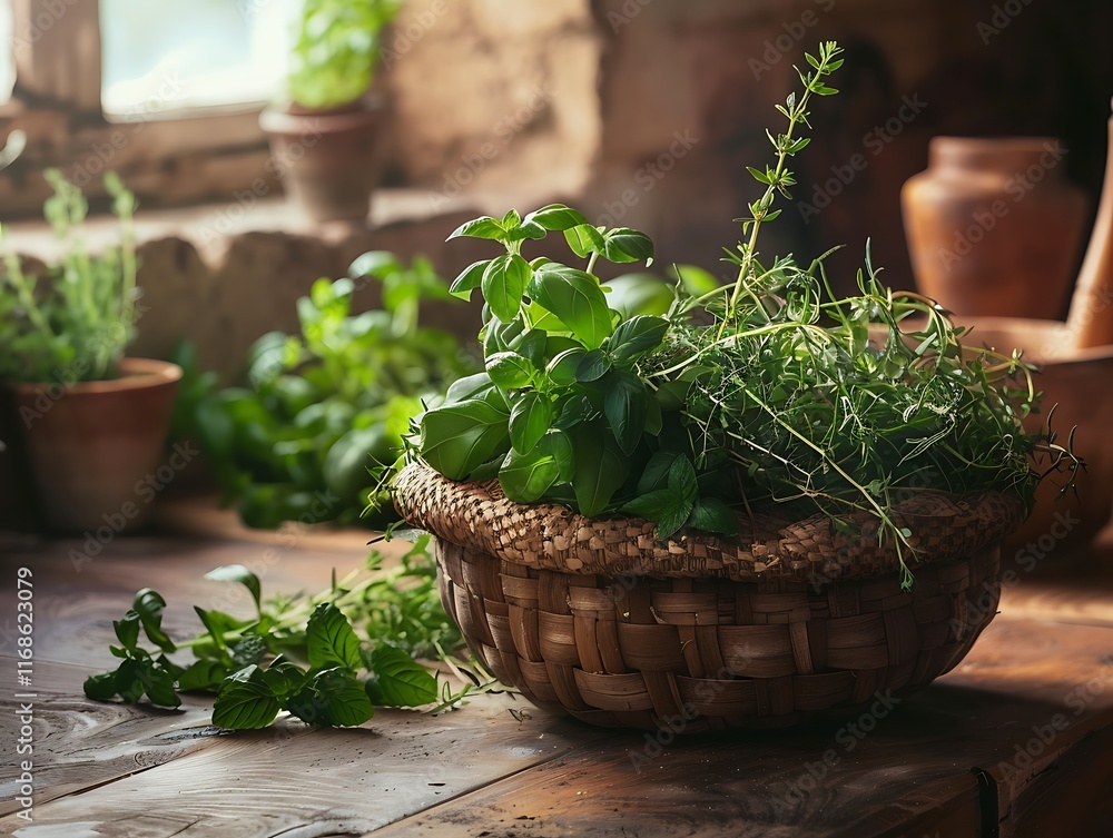 basket of fresh herbs on kitchen counter basket of fresh herbs on kitchen counter