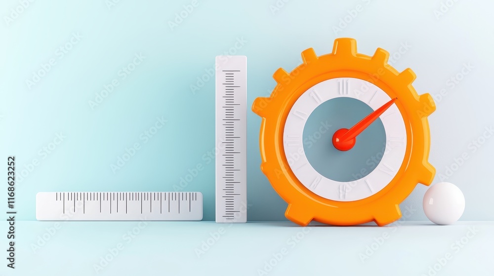 Time Management Efficiency and Measurement Orange Gear Clock with Rulers Time Management Efficiency and Measurement Orange Gear Clock with Rulers