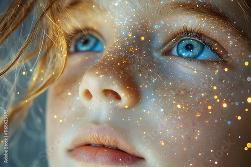 Cosmic Child s Face Merging with Galaxies and Stars Symbolizing Wonder and Limitless Imagination photo