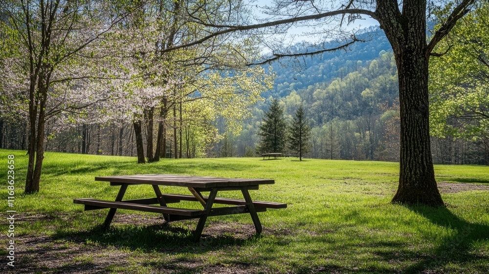 A peaceful picnic area in the Smoky Mountains surrounded by fresh spring trees, blooming flowers, and clear skies. A peaceful picnic area in the Smoky Mountains surrounded by fresh spring trees, blooming flowers, and clear skies.