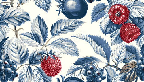 Blue and Red Berries Illustration: A Seamless Pattern