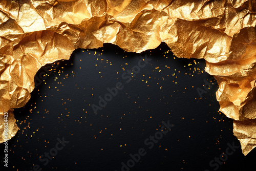 Golden textured paper with glitter highlights contrasting against a black background, great for luxury-themed designs. photo