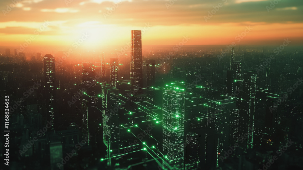 Fototapeta premium Smart digital Innovation city with connection network reciprocity over the cityscape. of future smart wireless digital city and social media networking systems that connects people with in city