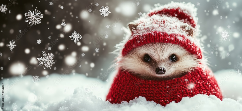Hedgehog in Red Knit Hat Surrounded by Snowflakes and Winter Wonderland, Adorable Winter Scene with Snowy Background, copy space for text Hedgehog in Red Knit Hat Surrounded by Snowflakes and Winter Wonderland, Adorable Winter Scene with Snowy Background, copy space for text