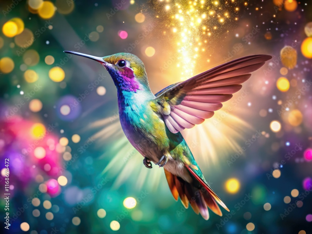 Naklejka premium Aerial photography captures a hummingbird's breathtaking flight, a jewel of nature in motion.