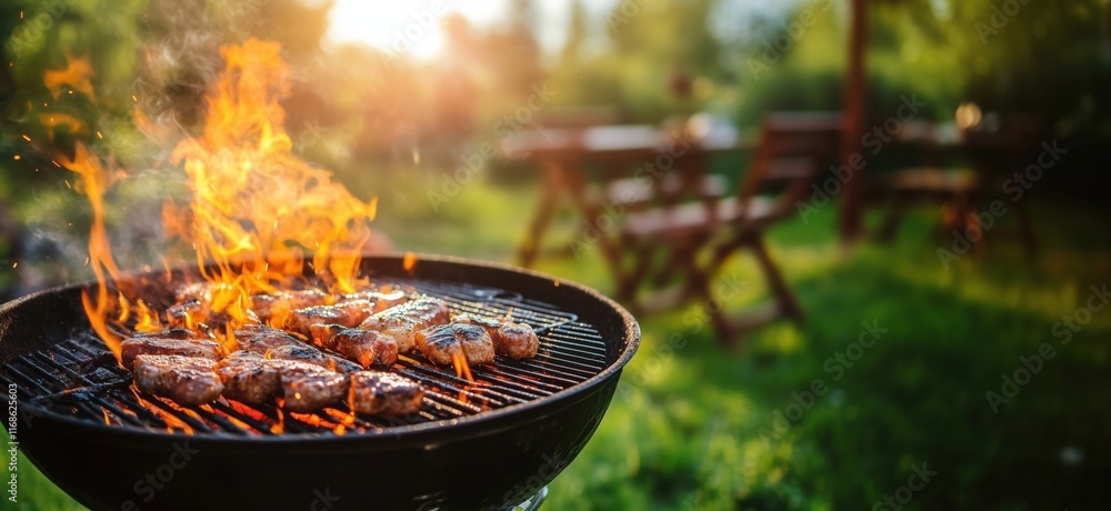Grilling Juicy Steaks Over Open Flame in Lush Backyard Setting with Sunlight, copy space for text Grilling Juicy Steaks Over Open Flame in Lush Backyard Setting with Sunlight, copy space for text