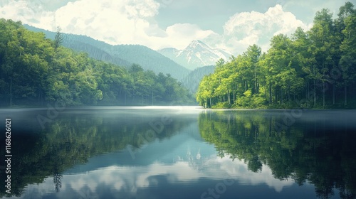 A serene lake in the Smoky Mountains reflecting the surrounding green trees and distant peaks under a calm spring sky. photo