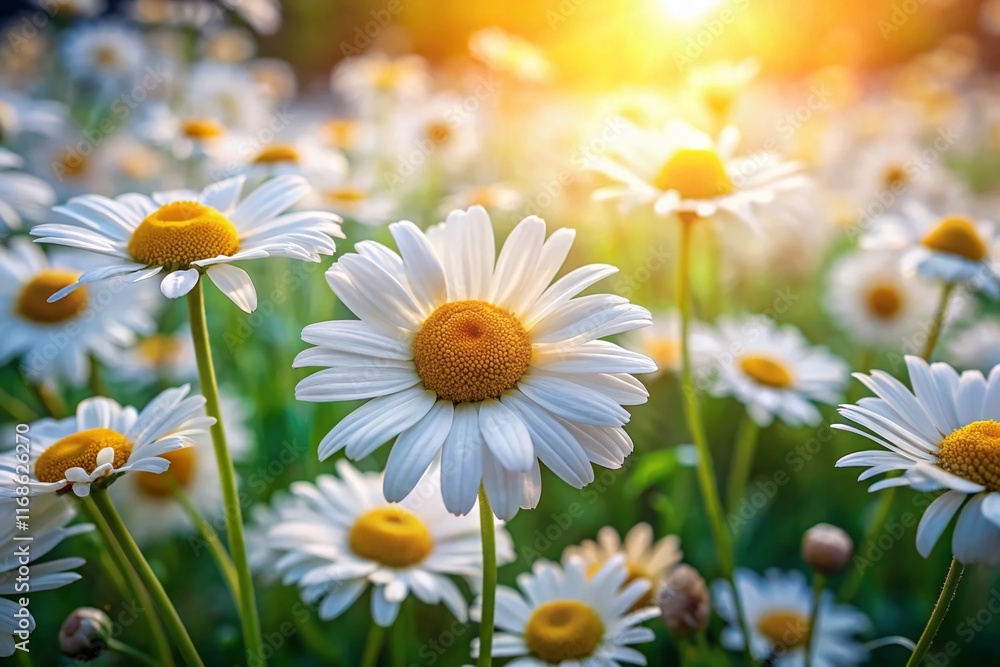 Fototapeta premium Aerial Close-up of Blooming White Daisies, Summer Meadow, Blurred Background