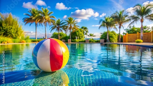 vibrant scene of a luxurious swimming pool, adorned with a colorful beach ball, creating a picturesque backdrop for perfect summer hol
 photo