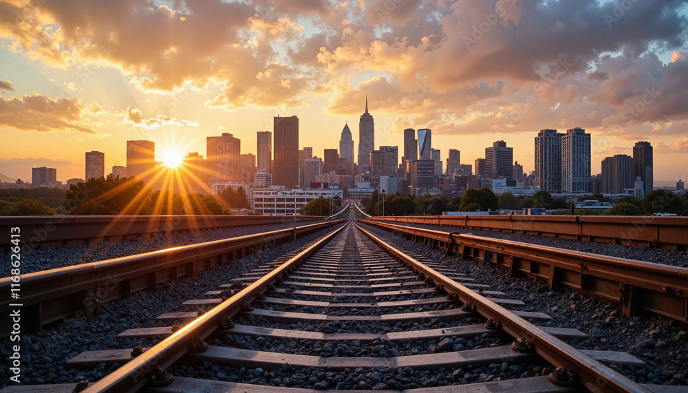 Urban railway tracks leading to city skyline at sunset, urban exploration Urban railway tracks leading to city skyline at sunset, urban exploration