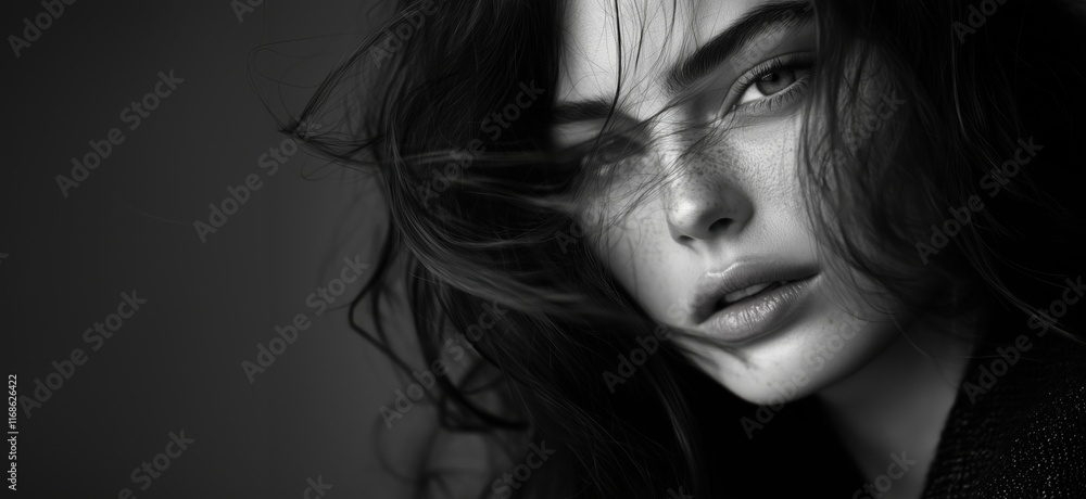 Black and white portrait of a young woman with flowing hair, captivating gaze, and delicate freckles, showcasing natural beauty and emotion, copy space for text Black and white portrait of a young woman with flowing hair, captivating gaze, and delicate freckles, showcasing natural beauty and emotion, copy space for text
