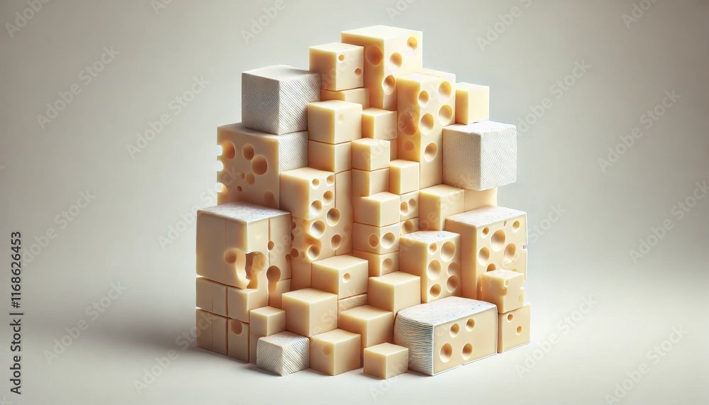 Obraz premium Cheese dices and slices on white background, minimalistic food. Generated by AI