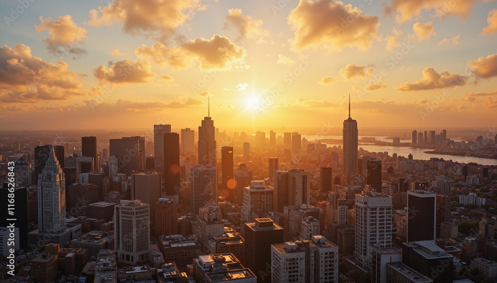 Fototapeta premium City skyline at sunrise with sunlight rays, urban awakening