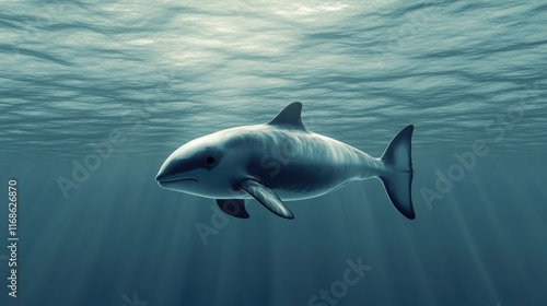 A shy vaquita surfacing in calm waters, its distinctive dark eye rings and small dorsal fin reflecting the light.