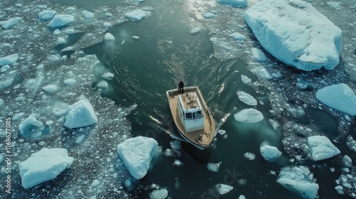 A small boat navigating through the icy waters of Jkulsrln Glacier Lagoon, surrounded by towering icebergs and glacial backdrops. photo