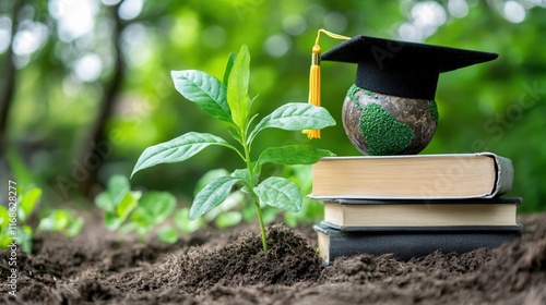 Graduation Cap on Globe Surrounded by Books and Seedling in Lush Green Environment