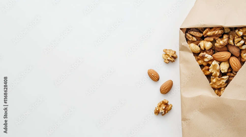 A top view of a paper bag filled with fresh produce and nuts, placed on a white surface, with space for a promotional text banner about healthy eating. A top view of a paper bag filled with fresh produce and nuts, placed on a white surface, with space for a promotional text banner about healthy eating.
