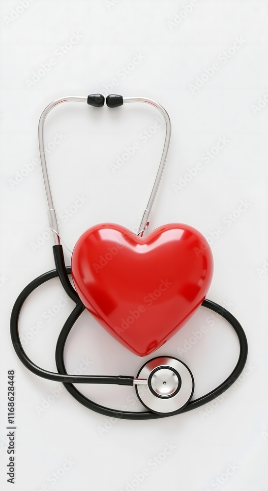 Shiny red heart combined with a metallic stethoscope on a white background, symbolizing cardiology, heart health and professional medical care Shiny red heart combined with a metallic stethoscope on a white background, symbolizing cardiology, heart health and professional medical care