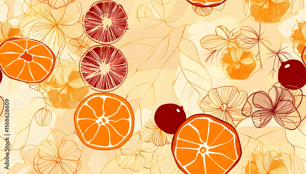 Fototapeta premium Citrus Fruit and Floral Abstract Illustration