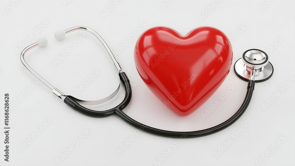 Glossy red heart and stethoscope on white surface background, representing medical diagnostics, healthcare and cardiovascular wellness themes Glossy red heart and stethoscope on white surface background, representing medical diagnostics, healthcare and cardiovascular wellness themes