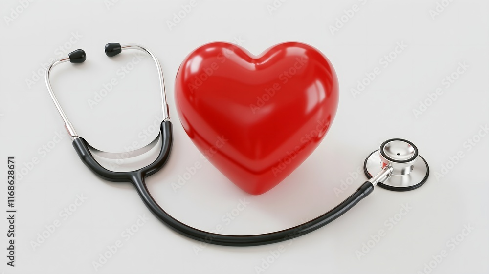 Shiny red heart shape with a black and silver stethoscope placed on a light white background, symbolizing healthcare, cardiology and medical care Shiny red heart shape with a black and silver stethoscope placed on a light white background, symbolizing healthcare, cardiology and medical care