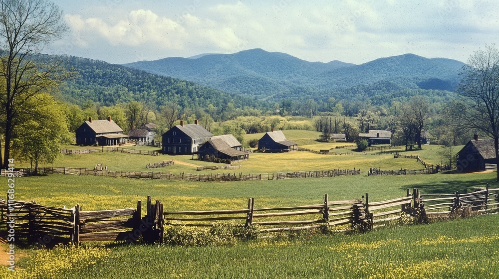 Obraz premium A picturesque view of Cades Cove in spring, with verdant fields, historic buildings, and the Smoky Mountains as a backdrop.