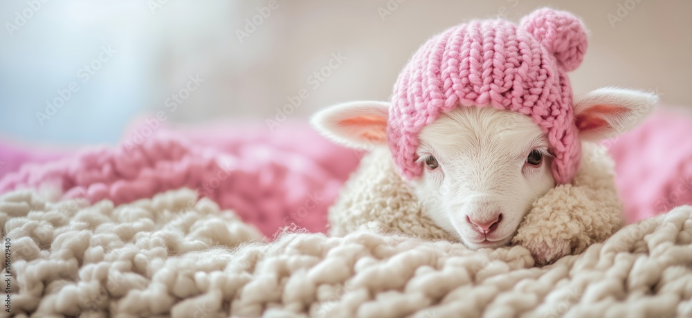 Adorable baby lamb wearing pink knitted hat resting on cozy blanket, showcasing cuteness and warmth, copy space for text Adorable baby lamb wearing pink knitted hat resting on cozy blanket, showcasing cuteness and warmth, copy space for text