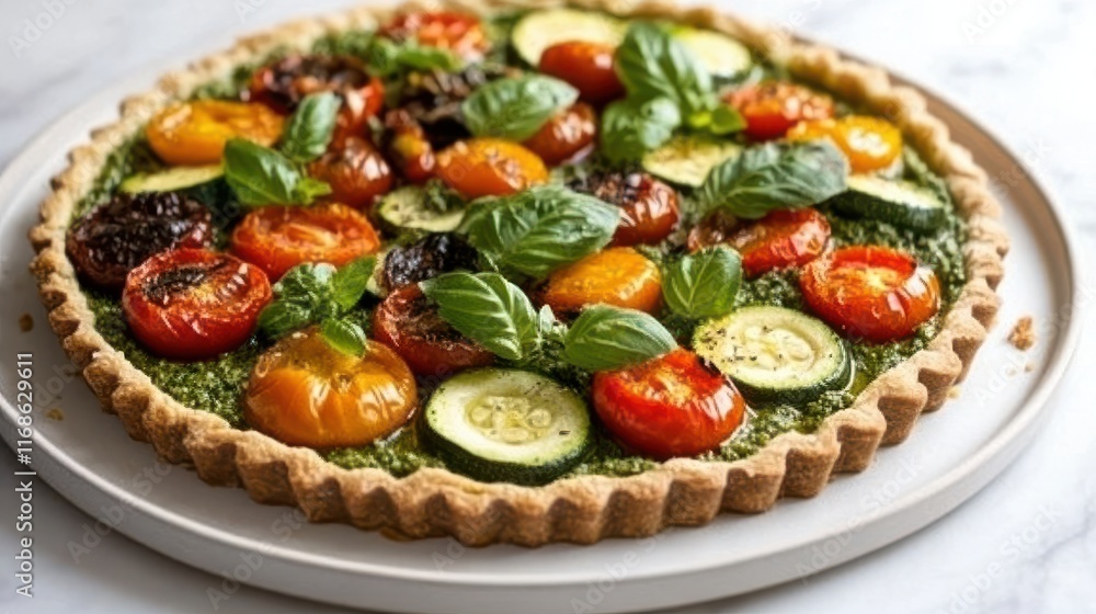 Savory vegetable tart with pesto, tomato and zucchini on plate Savory vegetable tart with pesto, tomato and zucchini on plate