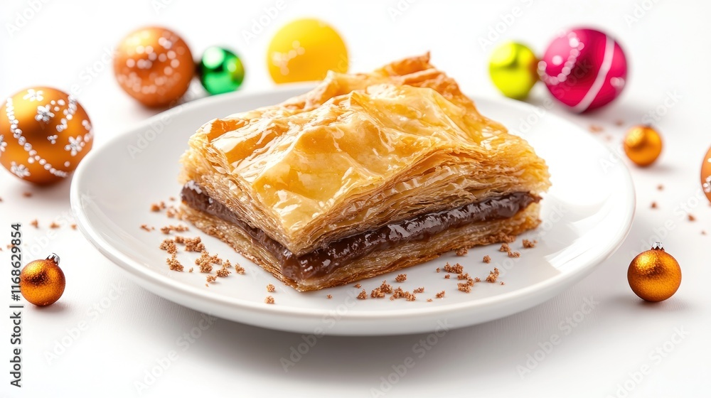A slice of flaky pastry with chocolate filling on a festive plate. A slice of flaky pastry with chocolate filling on a festive plate.