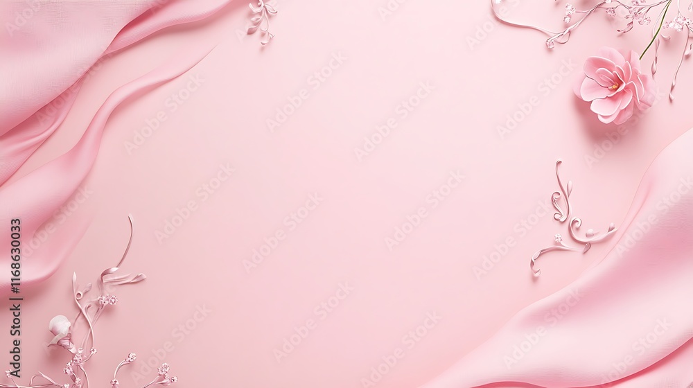 Pink Silk Drapery with Delicate Flowers and Swirls Pink Silk Drapery with Delicate Flowers and Swirls