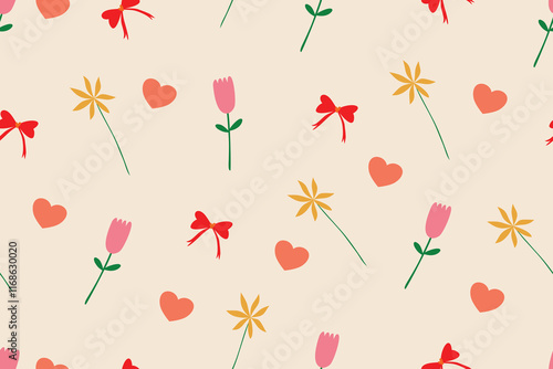 Seamless red ribbon bow pattern, liberty ditsy print | White daisy flowers | Orange flower | Design for pillow, blanket, rug, carpet, fabric, fashion, clothing, wallpaper, accessory