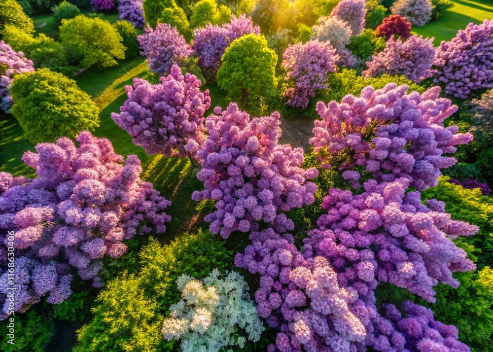 Aerial Drone Shot of Vibrant Lilac Bush in Full Bloom, Springtime Landscape Aerial Drone Shot of Vibrant Lilac Bush in Full Bloom, Springtime Landscape