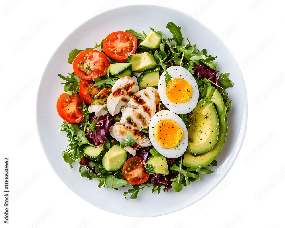 Grilled Chicken and Avocado Salad with Hard-Boiled Eggs and Mixed Greens Isolated On A White Background, PNG Transparent Grilled Chicken and Avocado Salad with Hard-Boiled Eggs and Mixed Greens Isolated On A White Background, PNG Transparent