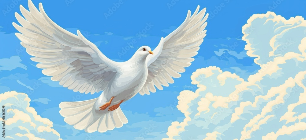 White dove soaring through blue sky with fluffy clouds, symbolizing peace and freedom, copy space for text White dove soaring through blue sky with fluffy clouds, symbolizing peace and freedom, copy space for text