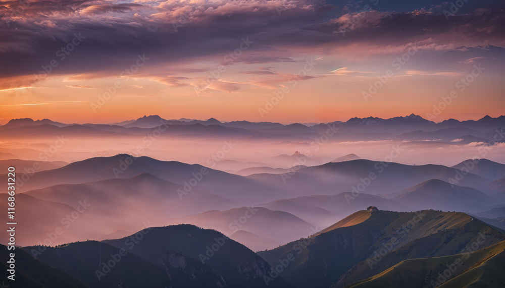 Fototapeta premium Majestic mountain ranges in caucasus during a vibrant sunset, with fog filling the valleys, creating a breathtaking landscape