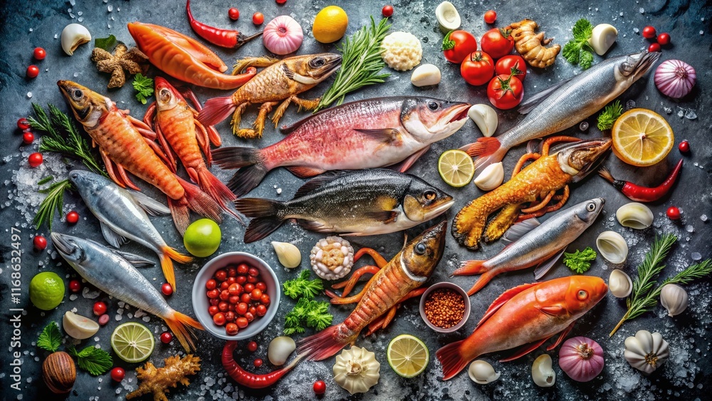 Fresh Seafood Variety Flat Lay: Fish, Shrimp, Crab, Mussels, Clams, Scallops & Caviar on Ice with Copy Space Fresh Seafood Variety Flat Lay: Fish, Shrimp, Crab, Mussels, Clams, Scallops & Caviar on Ice with Copy Space