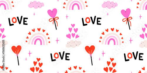 Valentines day elements vector seamless pattern. Gifts, envelope, heart, dessert, messages, candies, locks and other traditional decorations. Cartoon doodle style.