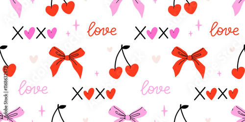 Valentines day elements vector seamless pattern. Gifts, envelope, heart, dessert, messages, candies, locks and other traditional decorations. Cartoon doodle style.
