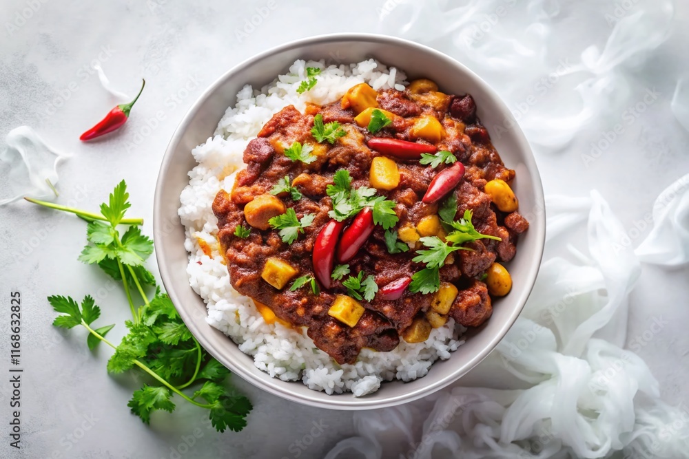 Aerial View: Chili Con Carne in White Bowl – Delicious Spicy Food Photography Aerial View: Chili Con Carne in White Bowl – Delicious Spicy Food Photography