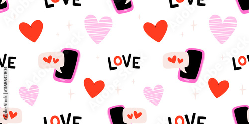 Valentines day elements vector seamless pattern. Gifts, envelope, heart, dessert, messages, candies, locks and other traditional decorations. Cartoon doodle style.