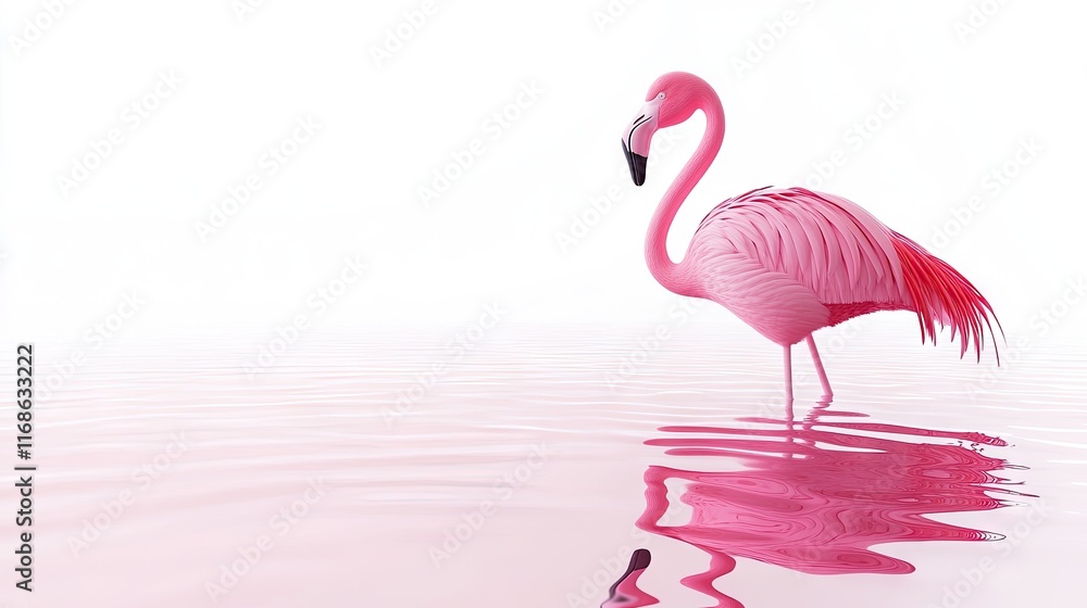 Fototapeta premium A pink flamingo stands gracefully in calm water, reflecting its vibrant colors.
