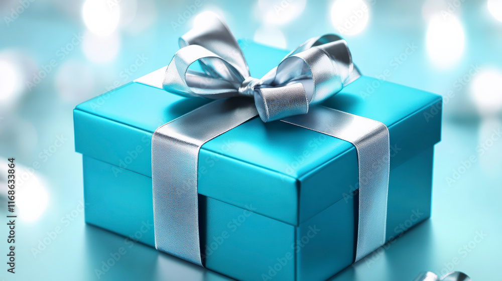 Obraz premium Vibrant Blue Gift Box with Shiny Silver Ribbon for Valentine's Day