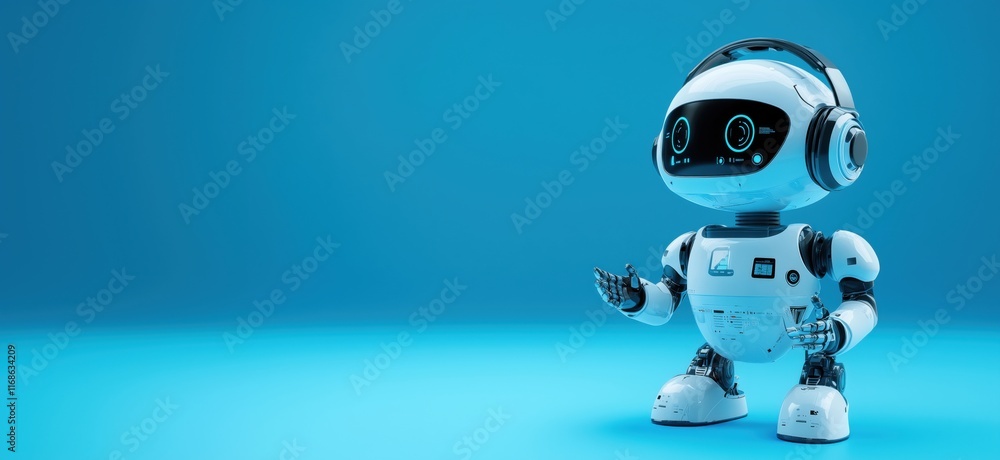 Friendly humanoid robot with headphones and expressive face, showcasing advanced technology and design in a vibrant blue background, copy space for text Friendly humanoid robot with headphones and expressive face, showcasing advanced technology and design in a vibrant blue background, copy space for text
